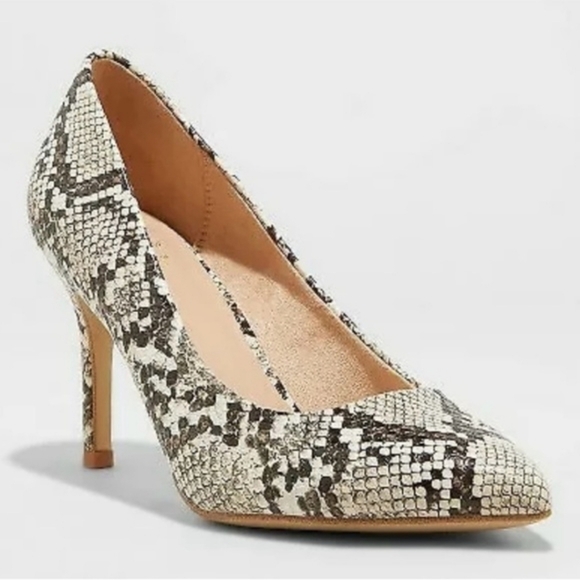 A New Day Women\'s Gemm Snake Print Pointed Toe Block Heeled Gray Pumps Size 5